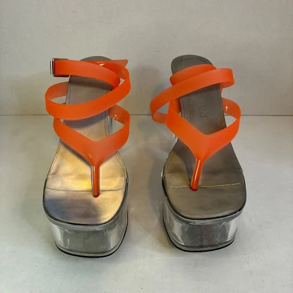Dolls Kill Darker Wavs Coral Orange Clear Platform Sandals DW20-656 Womens 8M - Picture 4 of 16